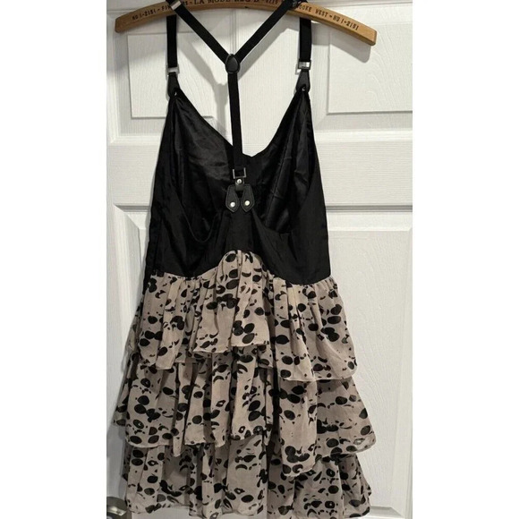 Hommage  Los Angeles Black Tan Polka Dot Dress Ruffles Adjustable tiered… - Picture 2 of 5